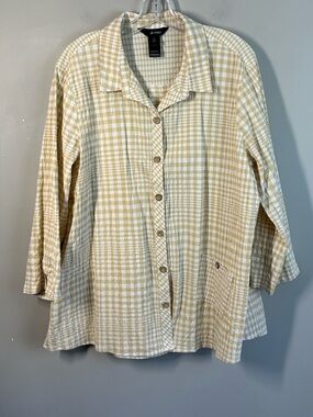 Ali Miles Beige Gingham Crinkle Fabric Button Down Shirt Size XL